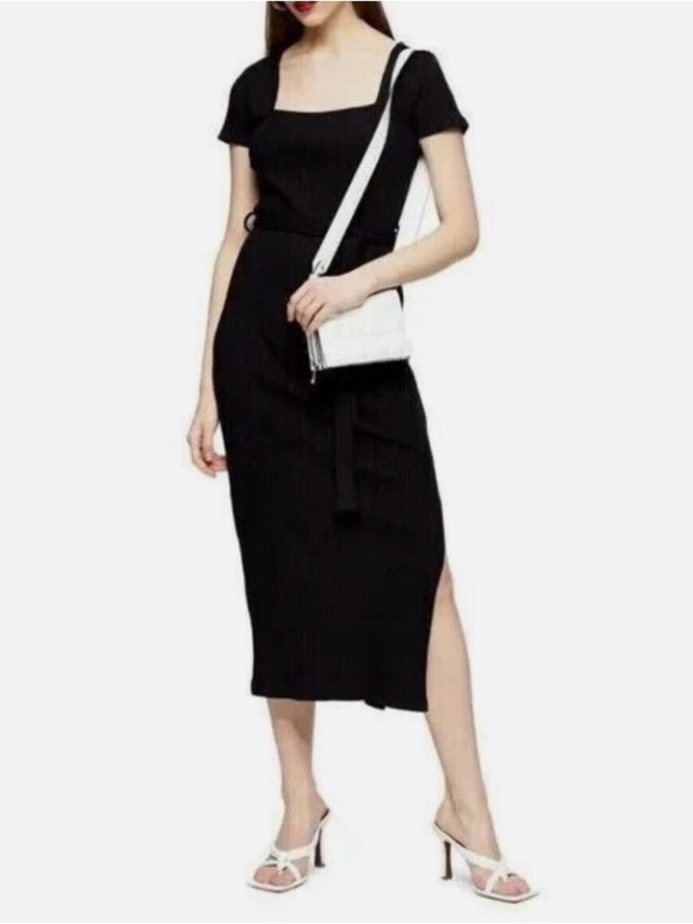 Topshop Black Ribbed Midi Dress with Square Neck